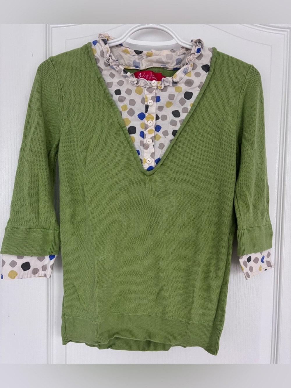 Baby Jane Cacharel Green Sweater with Polka Dot Blouse Insert Small Hole